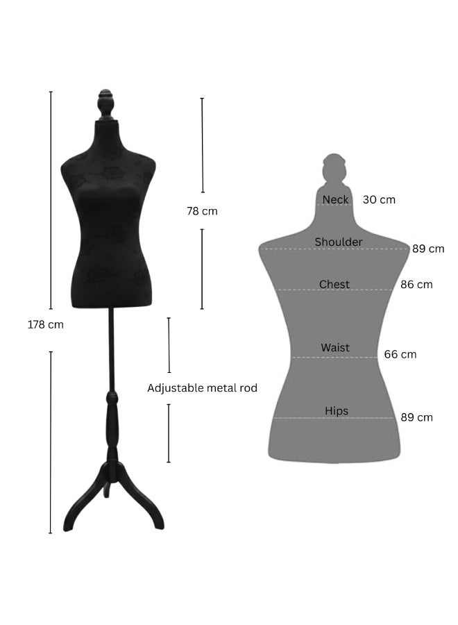 أورتوك مانيكان نسائي قابل للتعديل لعرض الفساتين – جذع مخملي أسود بنقشة زهور مع حامل ثلاثي القوائم أسود – ارتفاع قابل للتعديل حتى 178 سم، مثالي للخياطة وتصميم الملابس وعرض المجوهرات. - Image 2